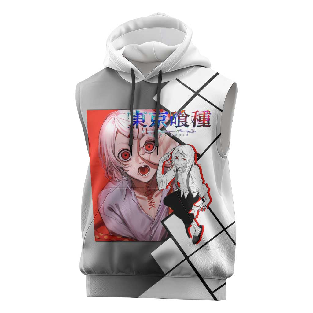 Shu Tsukiyama Tokyo Ghoul Sleeveless Hoodie with Masked Combat Pose and Intense Action Design - The Mazicc