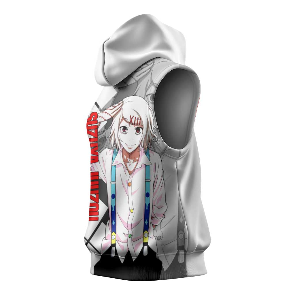 Shu Tsukiyama Tokyo Ghoul Sleeveless Hoodie with Masked Combat Pose and Intense Action Design - The Mazicc