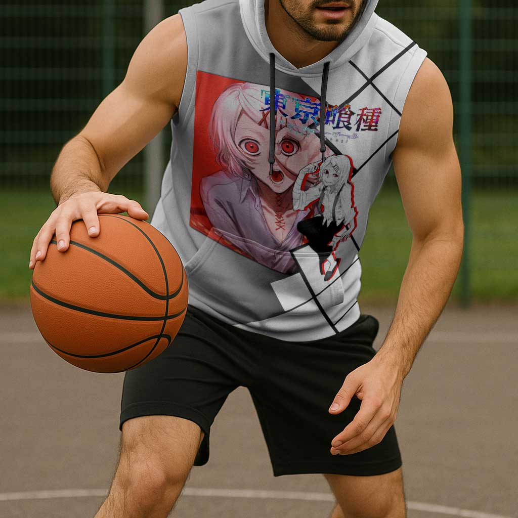 Shu Tsukiyama Tokyo Ghoul Sleeveless Hoodie with Masked Combat Pose and Intense Action Design - The Mazicc
