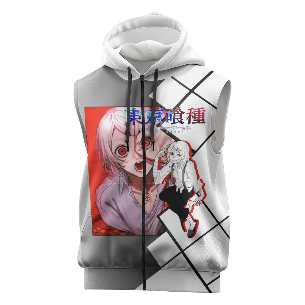 Shu Tsukiyama Tokyo Ghoul Sleeveless Zip Hoodie with Masked Combat Pose and Intense Action Design - The Mazicc