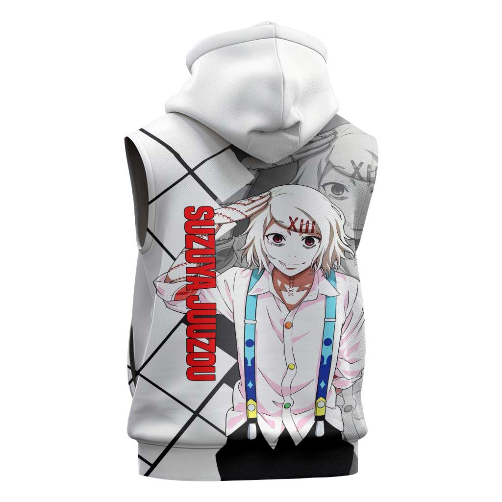 Shu Tsukiyama Tokyo Ghoul Sleeveless Zip Hoodie with Masked Combat Pose and Intense Action Design - The Mazicc