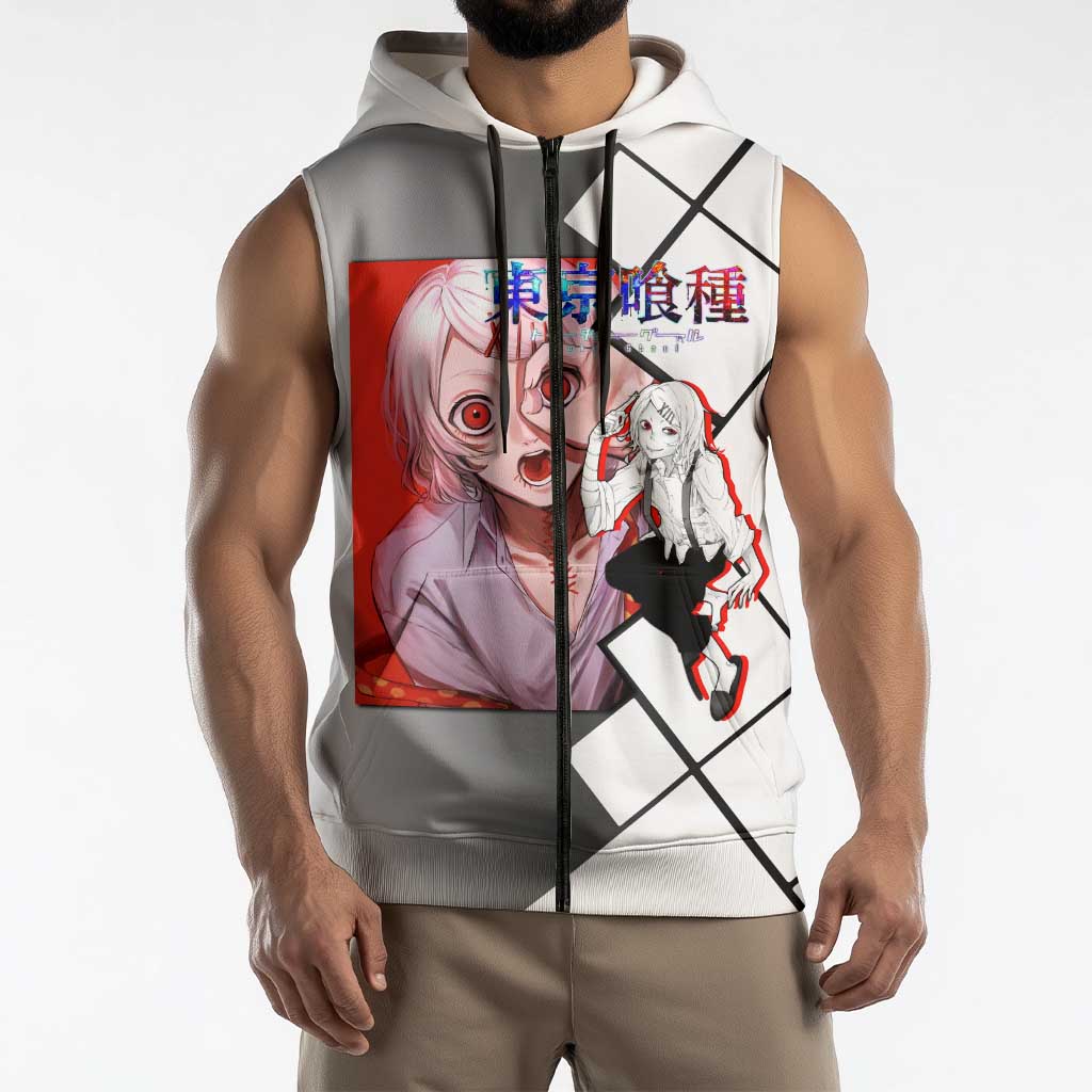 Shu Tsukiyama Tokyo Ghoul Sleeveless Zip Hoodie with Masked Combat Pose and Intense Action Design - The Mazicc