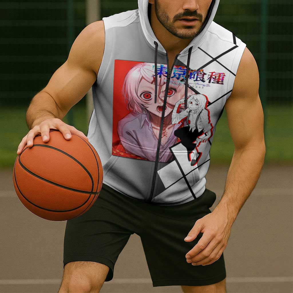 Shu Tsukiyama Tokyo Ghoul Sleeveless Zip Hoodie with Masked Combat Pose and Intense Action Design - The Mazicc