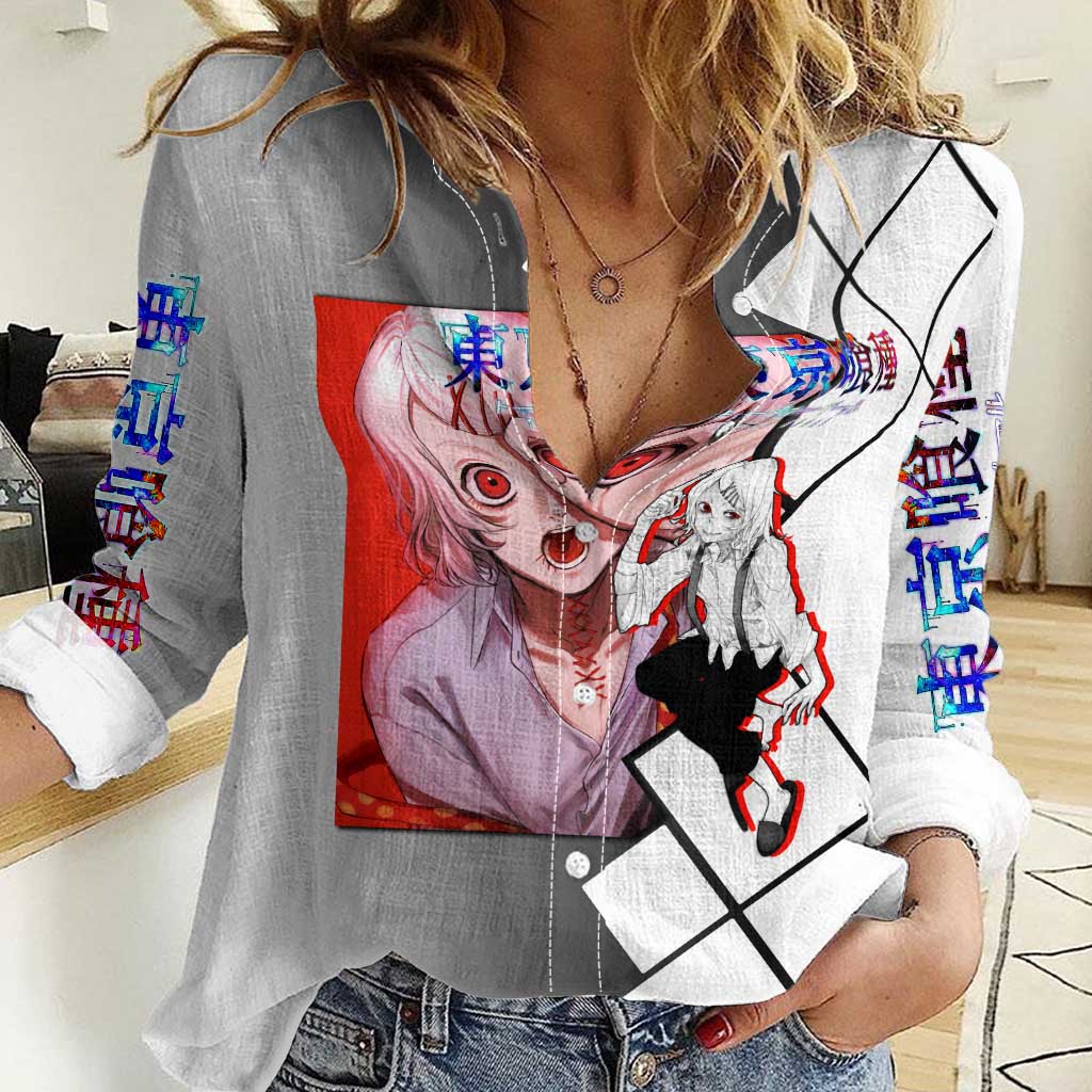 Shu Tsukiyama Tokyo Ghoul Women Casual Shirt with Masked Combat Pose and Intense Action Design - The Mazicc