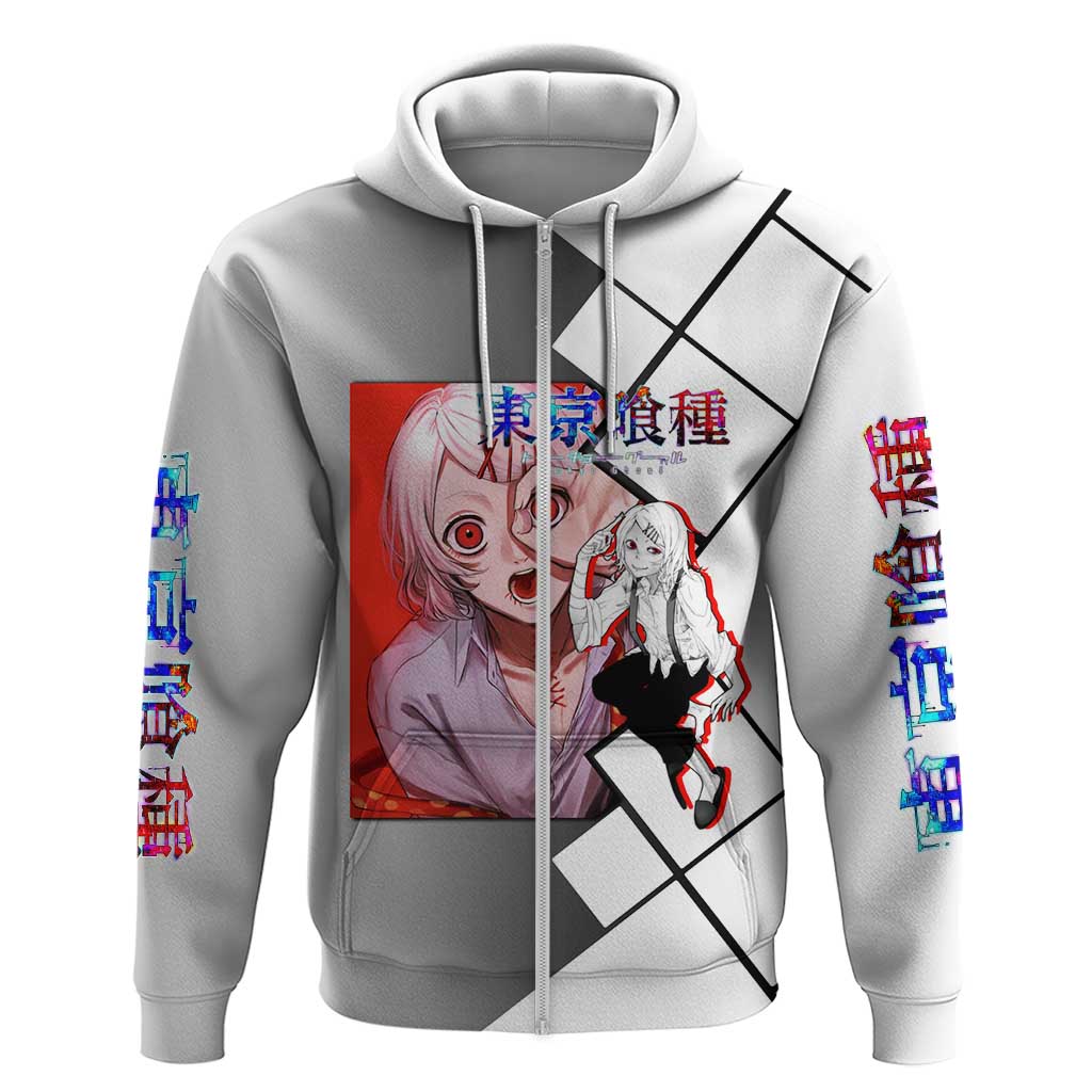 Shu Tsukiyama Tokyo Ghoul Zip Hoodie with Masked Combat Pose and Intense Action Design - The Mazicc