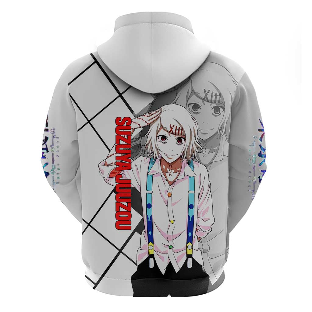 Shu Tsukiyama Tokyo Ghoul Zip Hoodie with Masked Combat Pose and Intense Action Design - The Mazicc