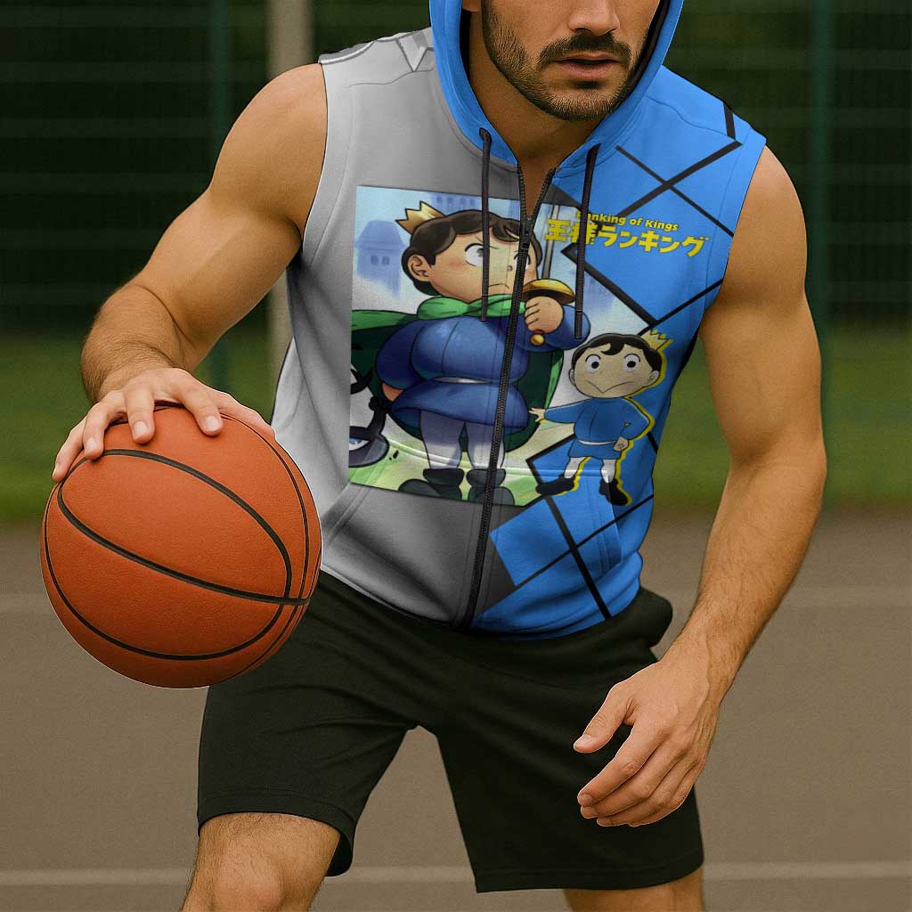 Boji San Ranking of Kings Sleeveless Zip Hoodie with Brave Hero Pose and Courageous Adventure Design - The Mazicc