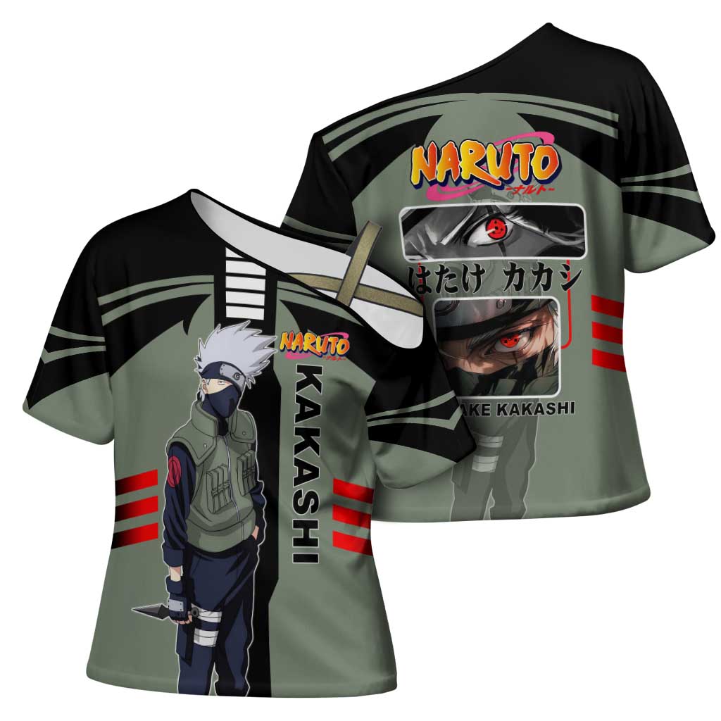 Kakashi Hatake Naruto Cross Shoulder Shirt with Sharingan and Lightning Ninja Action Design - The Mazicc