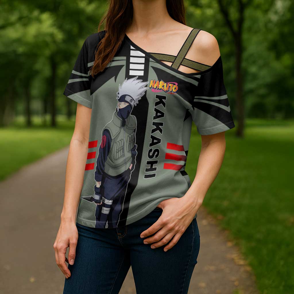 Kakashi Hatake Naruto Cross Shoulder Shirt with Sharingan and Lightning Ninja Action Design - The Mazicc