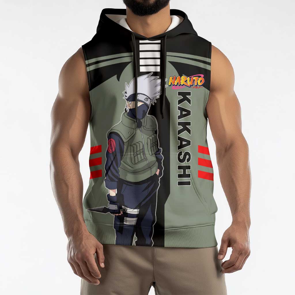 Kakashi Hatake Naruto Sleeveless Hoodie with Sharingan and Lightning Ninja Action Design - The Mazicc