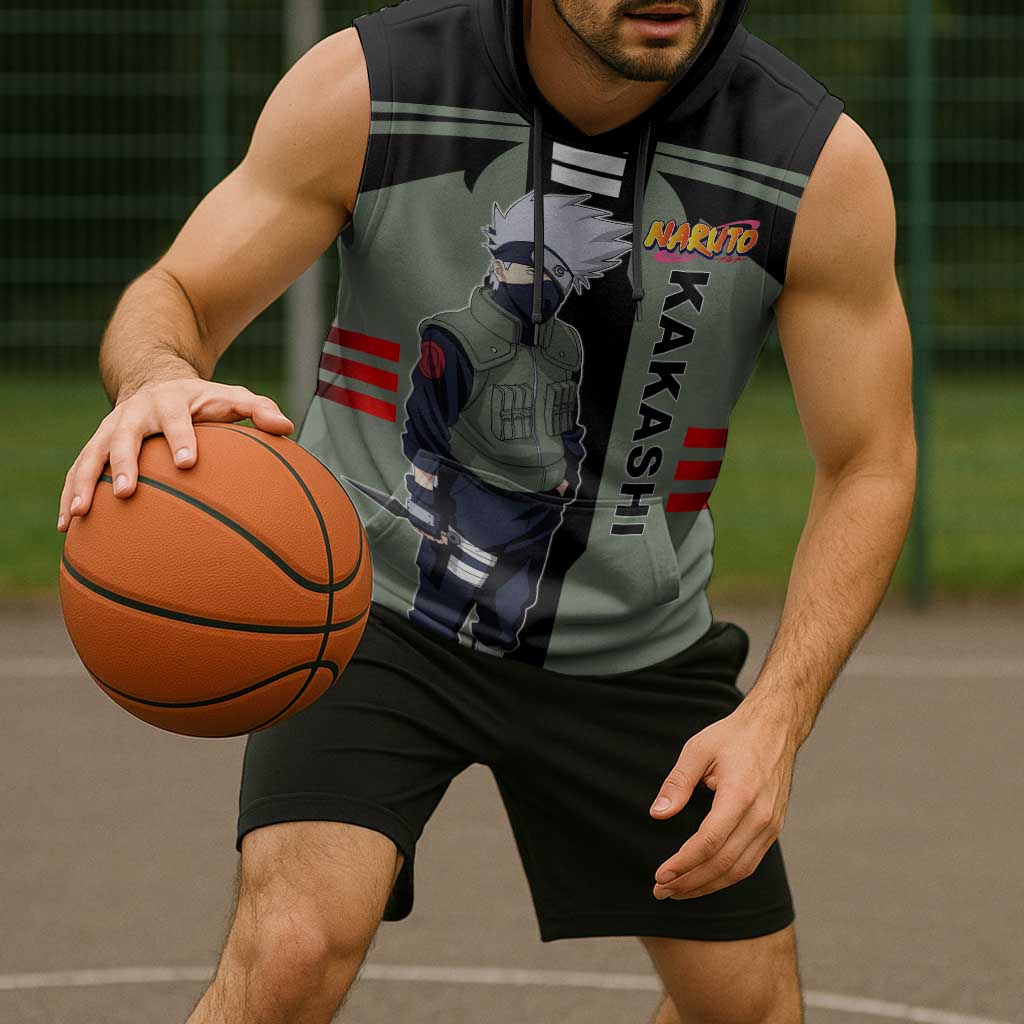 Kakashi Hatake Naruto Sleeveless Hoodie with Sharingan and Lightning Ninja Action Design - The Mazicc