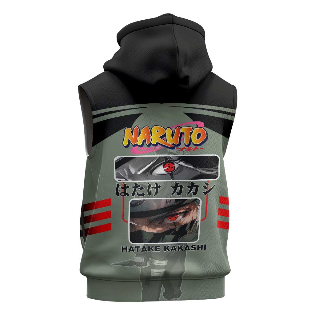 Kakashi Hatake Naruto Sleeveless Zip Hoodie with Sharingan and Lightning Ninja Action Design - The Mazicc