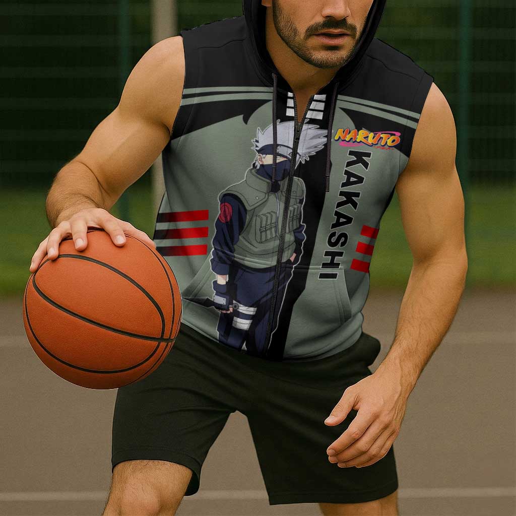 Kakashi Hatake Naruto Sleeveless Zip Hoodie with Sharingan and Lightning Ninja Action Design - The Mazicc