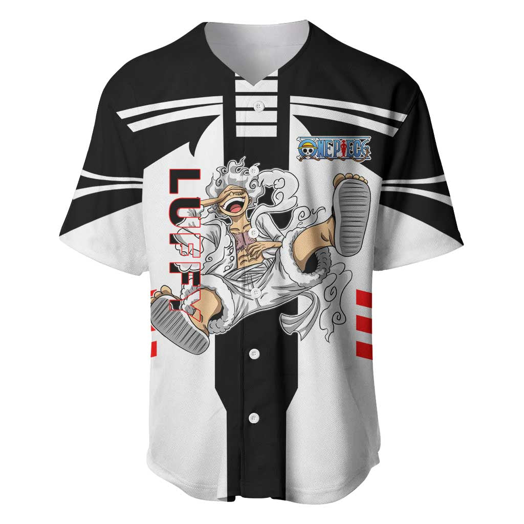 Monkey D. Luffy One Piece Baseball Jersey with Gear 5 Stretching and Pirate Adventure Design - The Mazicc