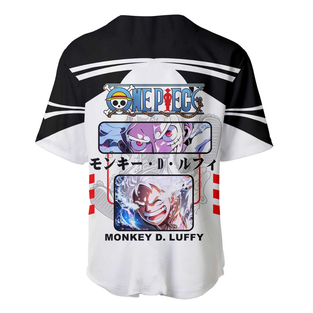 Monkey D. Luffy One Piece Baseball Jersey with Gear 5 Stretching and Pirate Adventure Design - The Mazicc