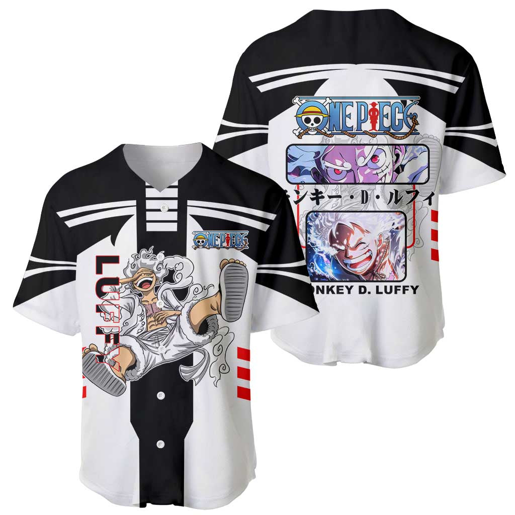 Monkey D. Luffy One Piece Baseball Jersey with Gear 5 Stretching and Pirate Adventure Design - The Mazicc