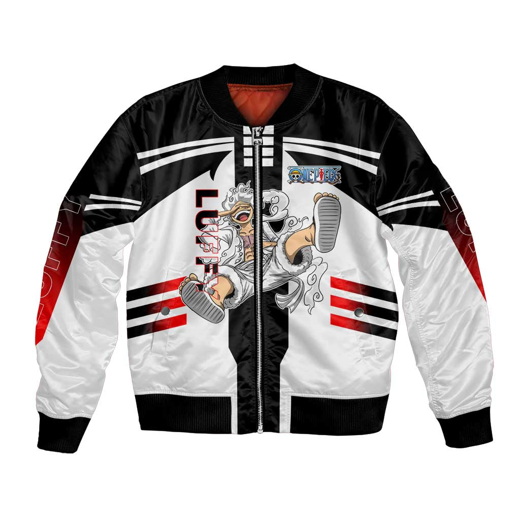 Monkey D. Luffy One Piece Bomber Jacket with Gear 5 Stretching and Pirate Adventure Design - The Mazicc