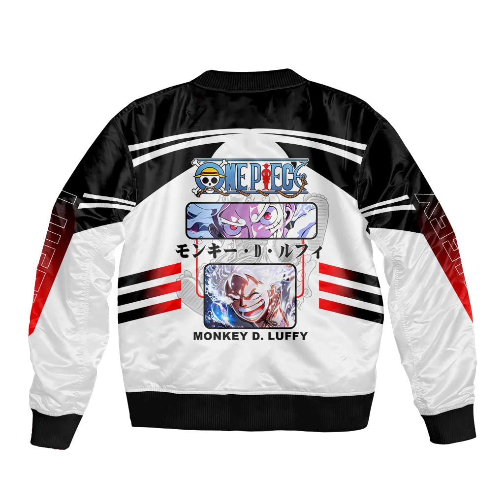 Monkey D. Luffy One Piece Bomber Jacket with Gear 5 Stretching and Pirate Adventure Design - The Mazicc