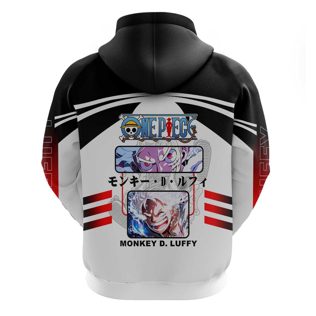 Monkey D. Luffy One Piece Hoodie with Gear 5 Stretching and Pirate Adventure Design - The Mazicc