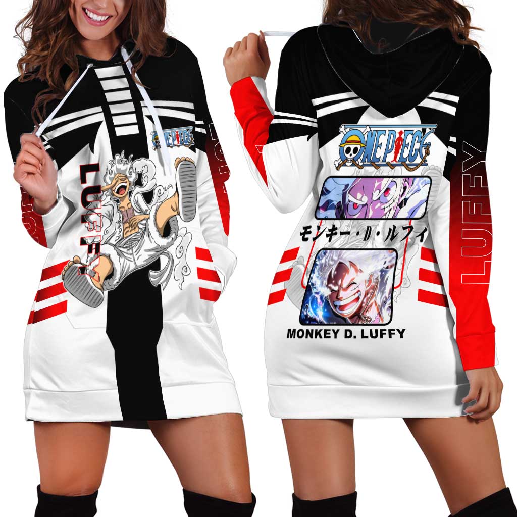 Monkey D. Luffy One Piece Hoodie Dress with Gear 5 Stretching and Pirate Adventure Design - The Mazicc
