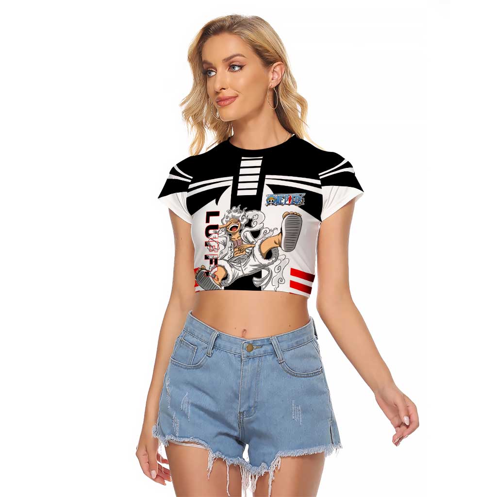 Monkey D. Luffy One Piece Raglan Cropped T Shirt with Gear 5 Stretching and Pirate Adventure Design - The Mazicc
