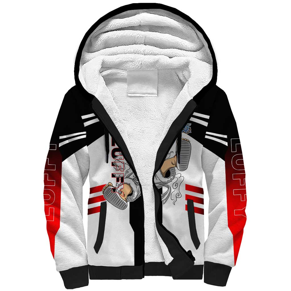 Monkey D. Luffy One Piece Sherpa Hoodie with Gear 5 Stretching and Pirate Adventure Design - The Mazicc