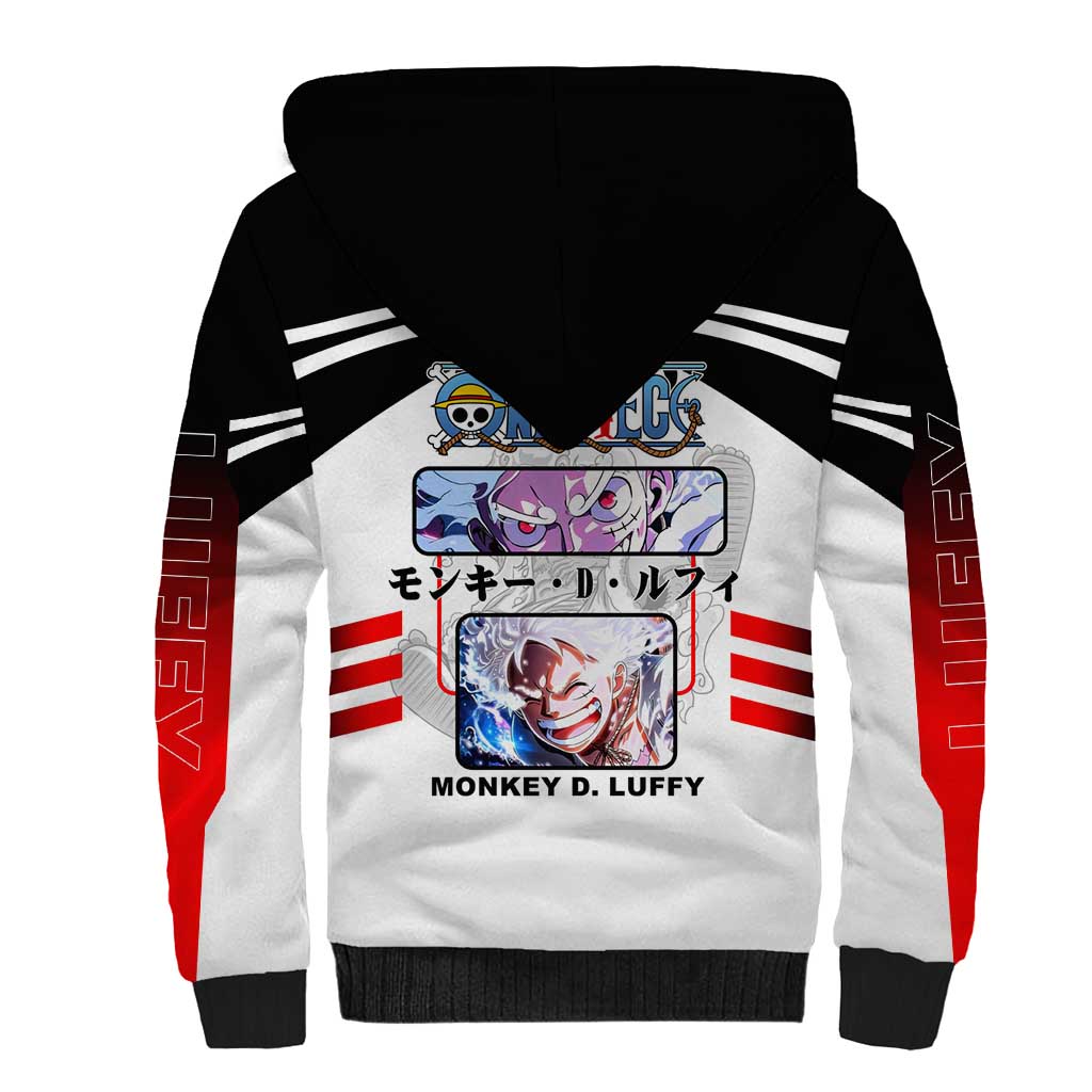 Monkey D. Luffy One Piece Sherpa Hoodie with Gear 5 Stretching and Pirate Adventure Design - The Mazicc