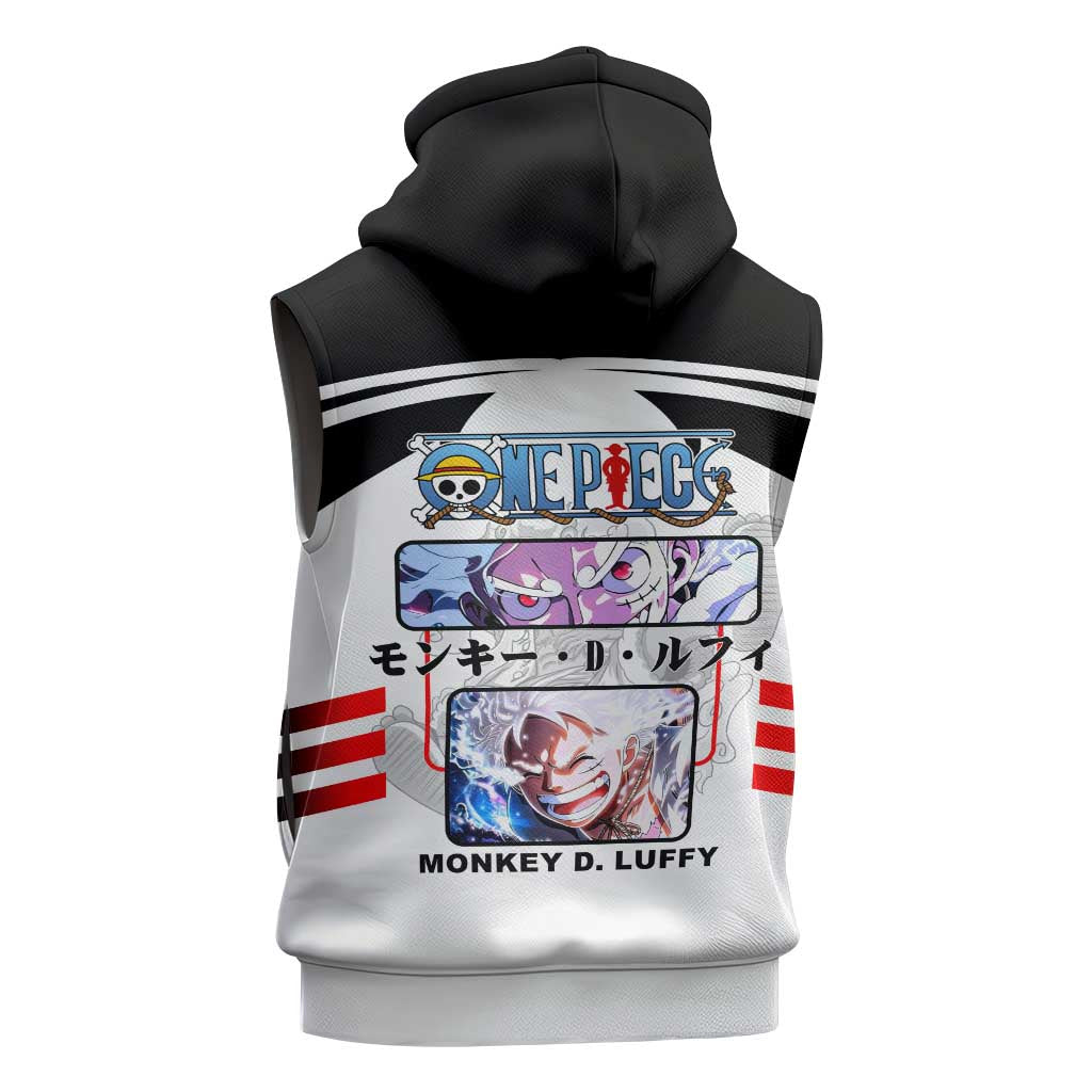 Monkey D. Luffy One Piece Sleeveless Hoodie with Gear 5 Stretching and Pirate Adventure Design - The Mazicc