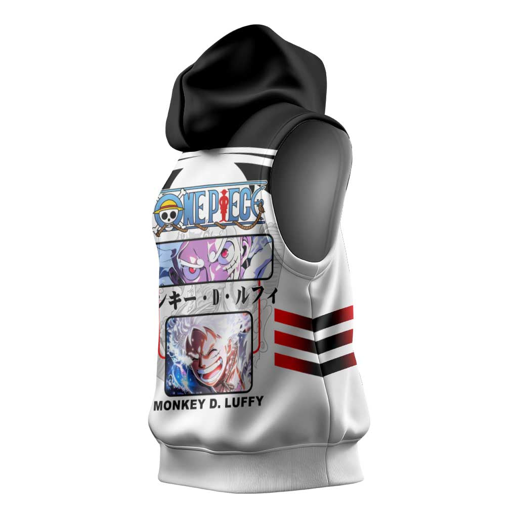 Monkey D. Luffy One Piece Sleeveless Hoodie with Gear 5 Stretching and Pirate Adventure Design - The Mazicc