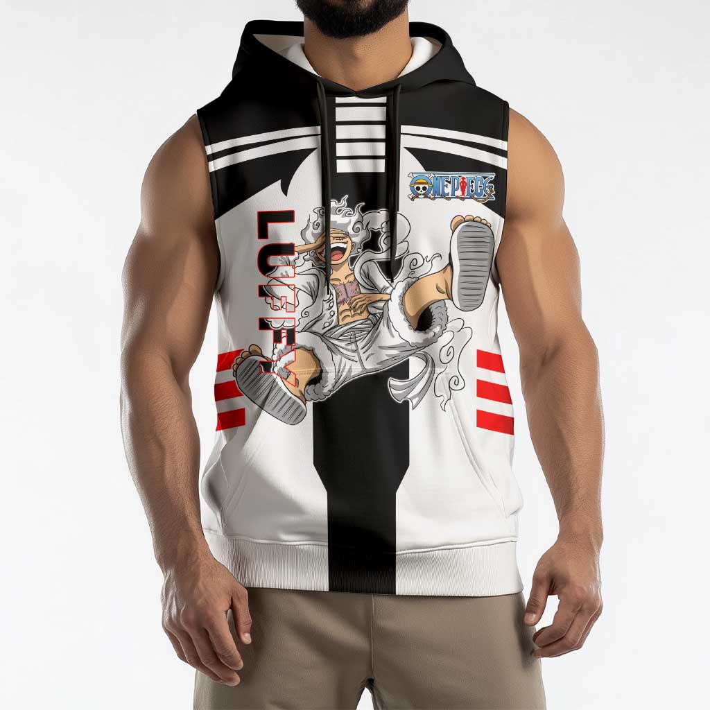 Monkey D. Luffy One Piece Sleeveless Hoodie with Gear 5 Stretching and Pirate Adventure Design - The Mazicc