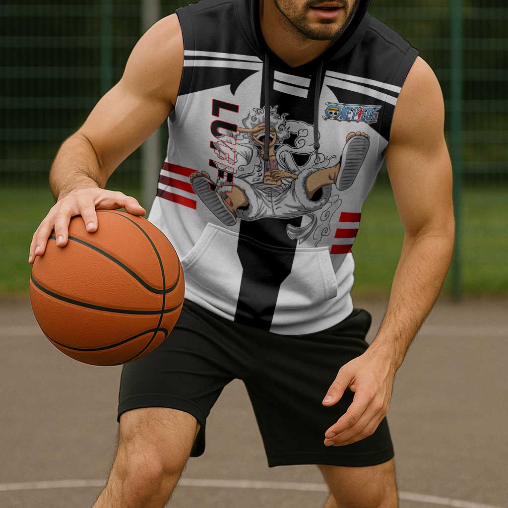 Monkey D. Luffy One Piece Sleeveless Hoodie with Gear 5 Stretching and Pirate Adventure Design - The Mazicc