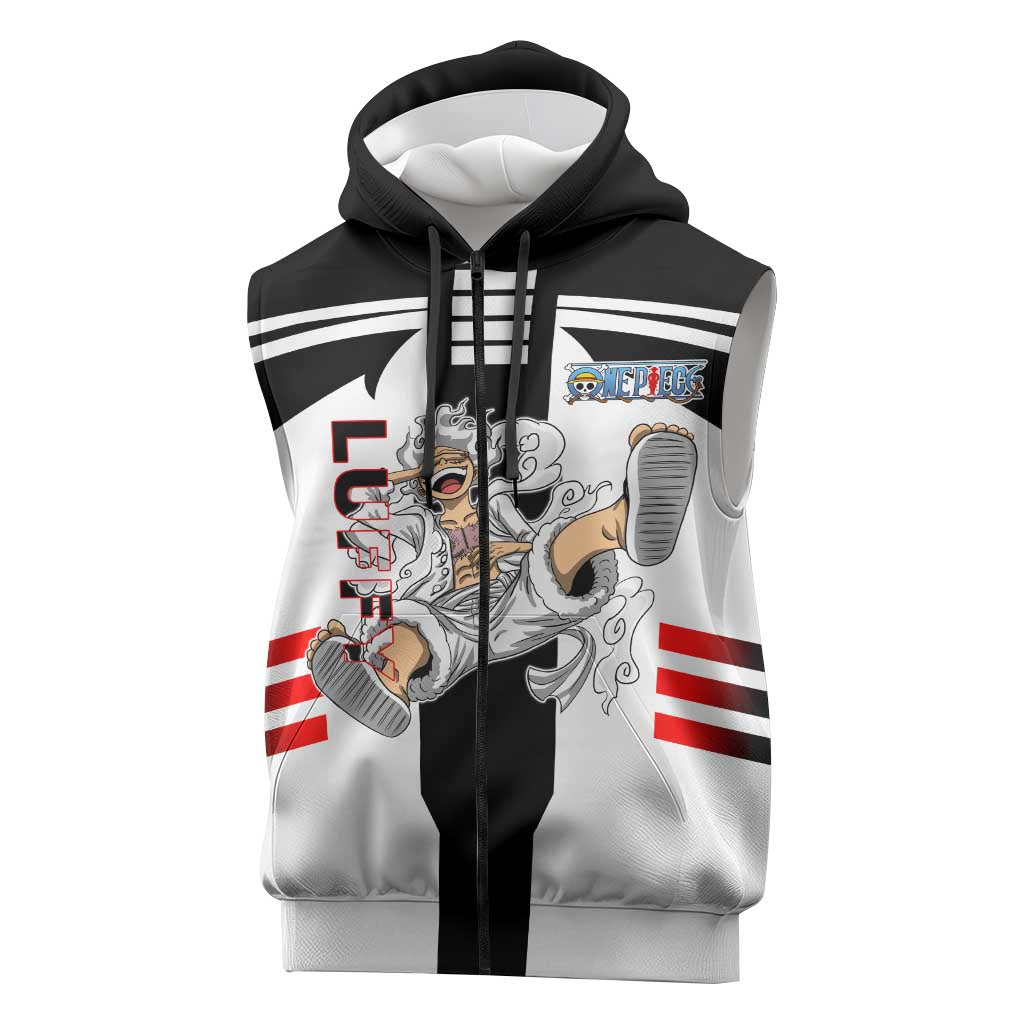 Monkey D. Luffy One Piece Sleeveless Zip Hoodie with Gear 5 Stretching and Pirate Adventure Design - The Mazicc