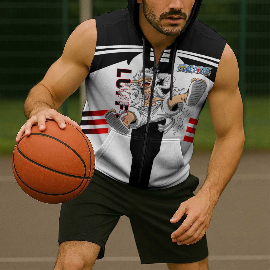 Monkey D. Luffy One Piece Sleeveless Zip Hoodie with Gear 5 Stretching and Pirate Adventure Design - The Mazicc