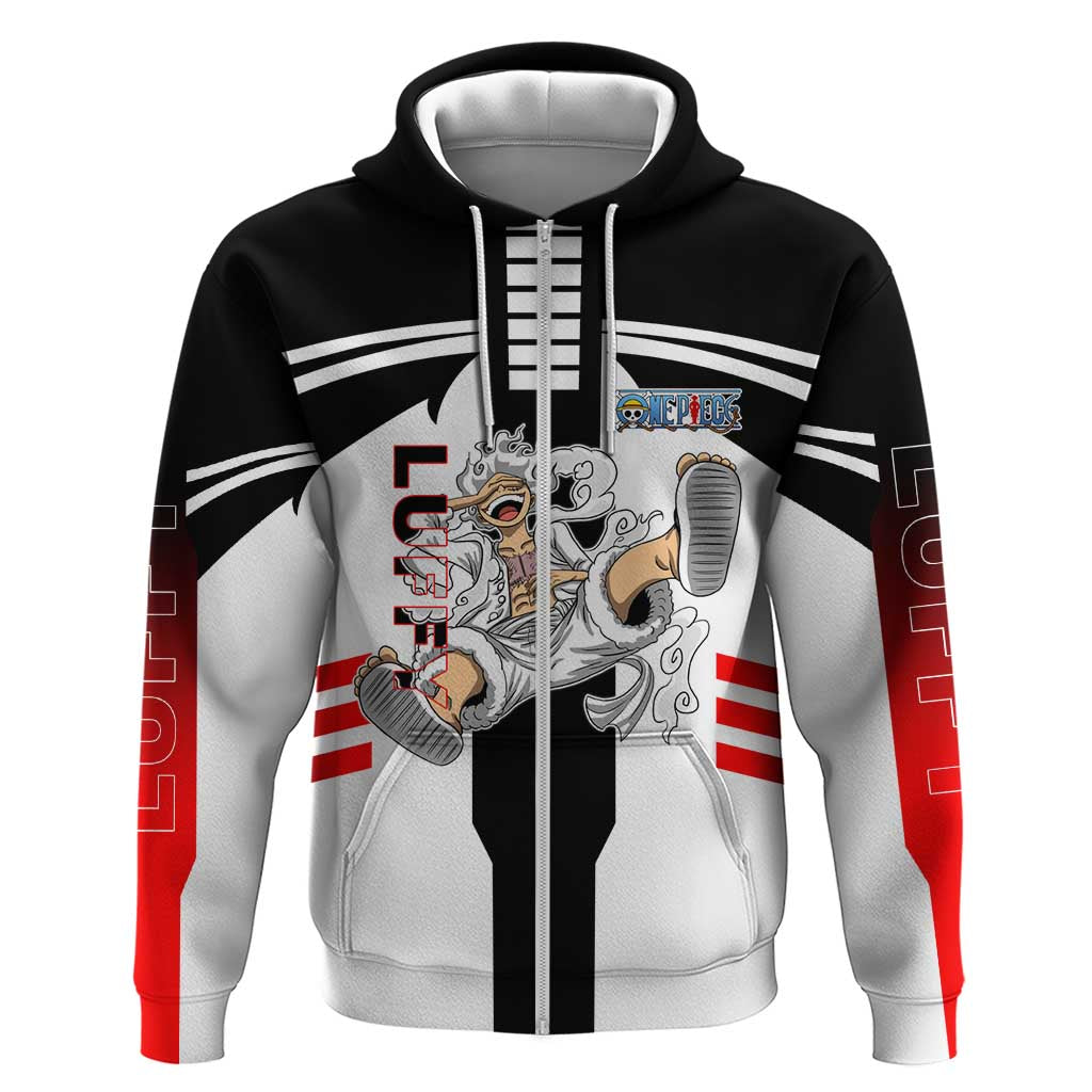 Monkey D. Luffy One Piece Zip Hoodie with Gear 5 Stretching and Pirate Adventure Design - The Mazicc