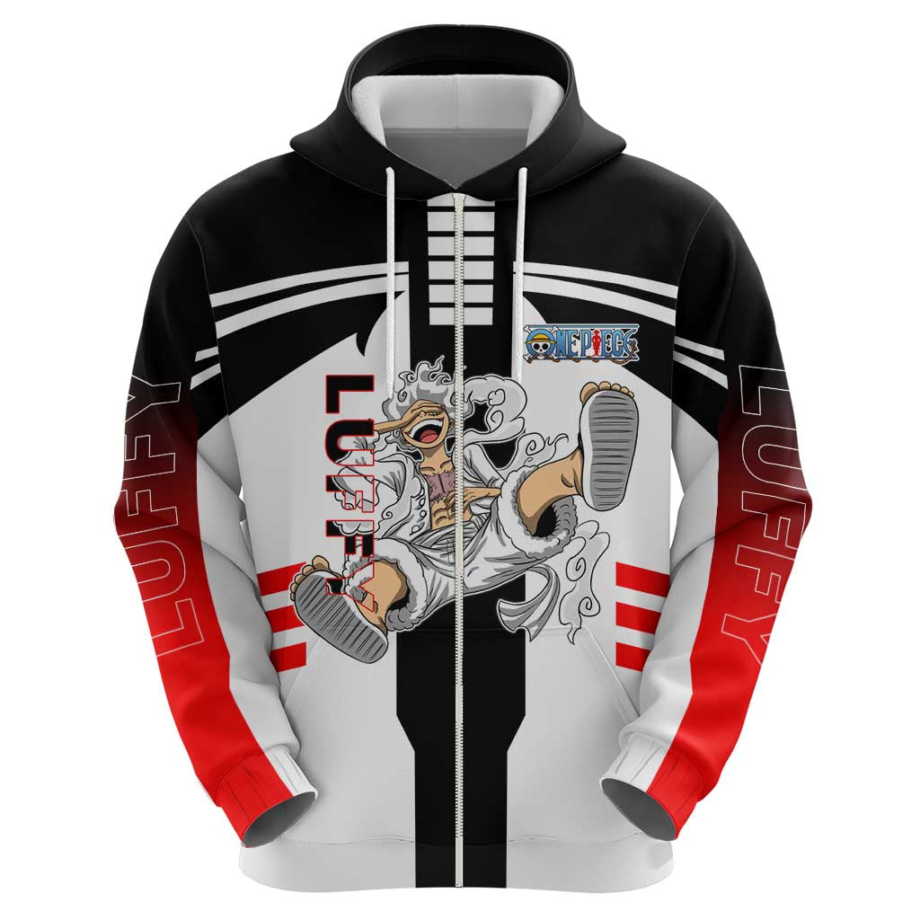 Monkey D. Luffy One Piece Zip Hoodie with Gear 5 Stretching and Pirate Adventure Design - The Mazicc