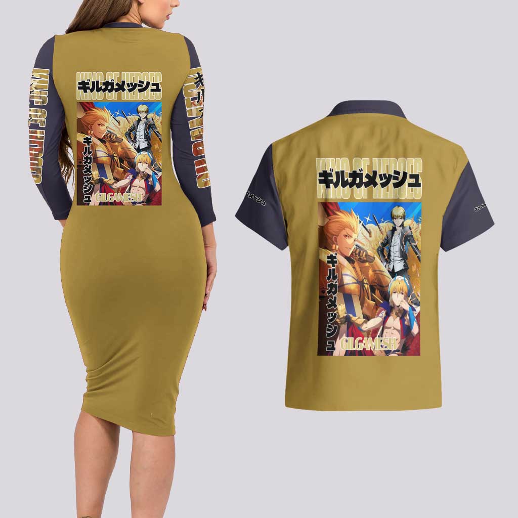 Gilgamesh Fate Series Couples Matching Long Sleeve Bodycon Dress and Hawaiian Shirt Anime Style