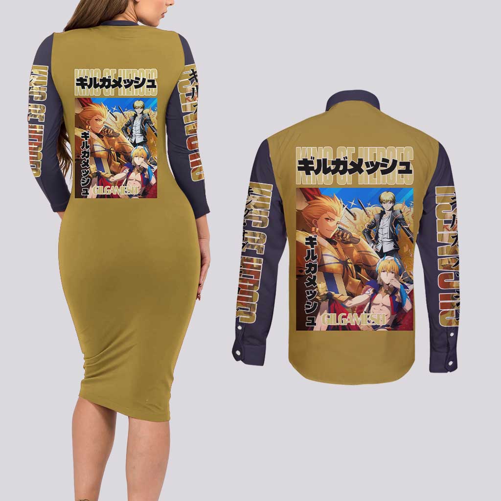 Gilgamesh Fate Series Couples Matching Long Sleeve Bodycon Dress and Long Sleeve Button Shirt Anime Style