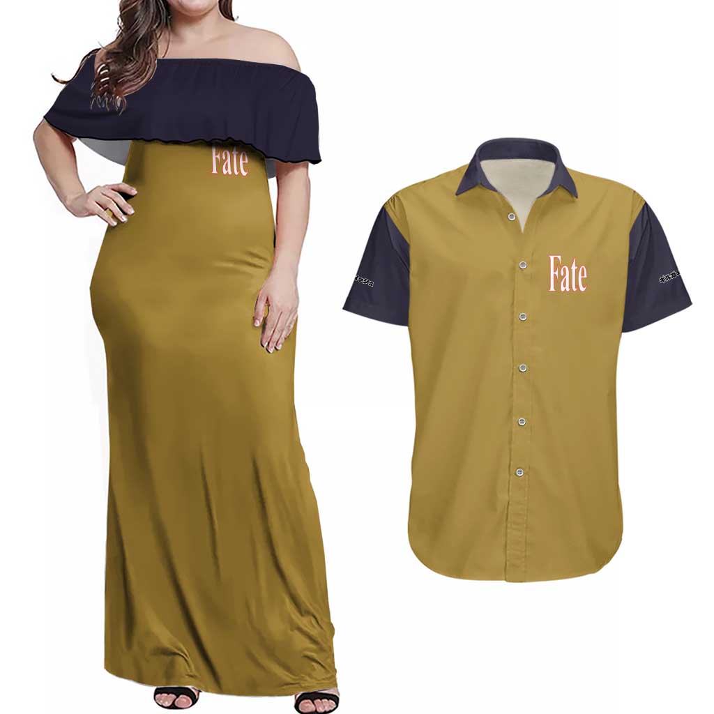 Gilgamesh Fate Series Couples Matching Off Shoulder Maxi Dress and Hawaiian Shirt Anime Style