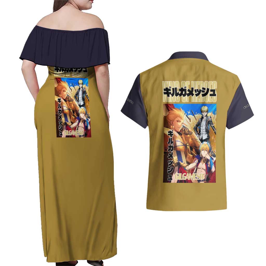 Gilgamesh Fate Series Couples Matching Off Shoulder Maxi Dress and Hawaiian Shirt Anime Style