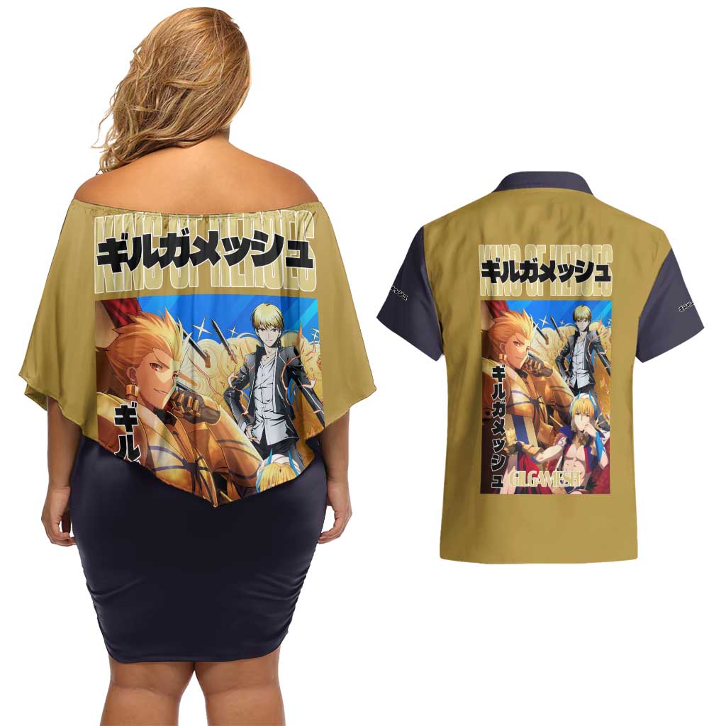 Gilgamesh Fate Series Couples Matching Off Shoulder Short Dress and Hawaiian Shirt Anime Style