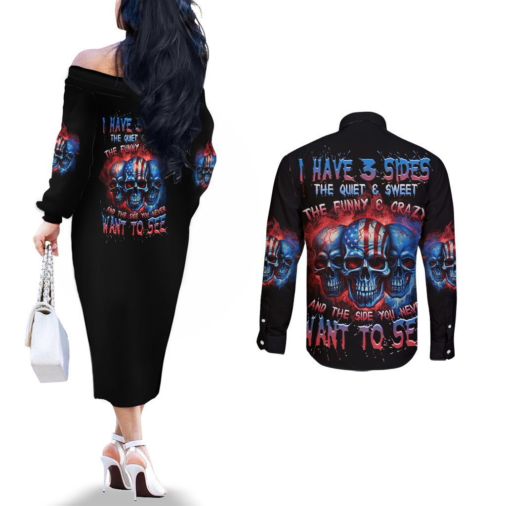 i-have-3-sides-3-skulls-couples-matching-off-the-shoulder-long-sleeve-dress-and-long-sleeve-button-shirt