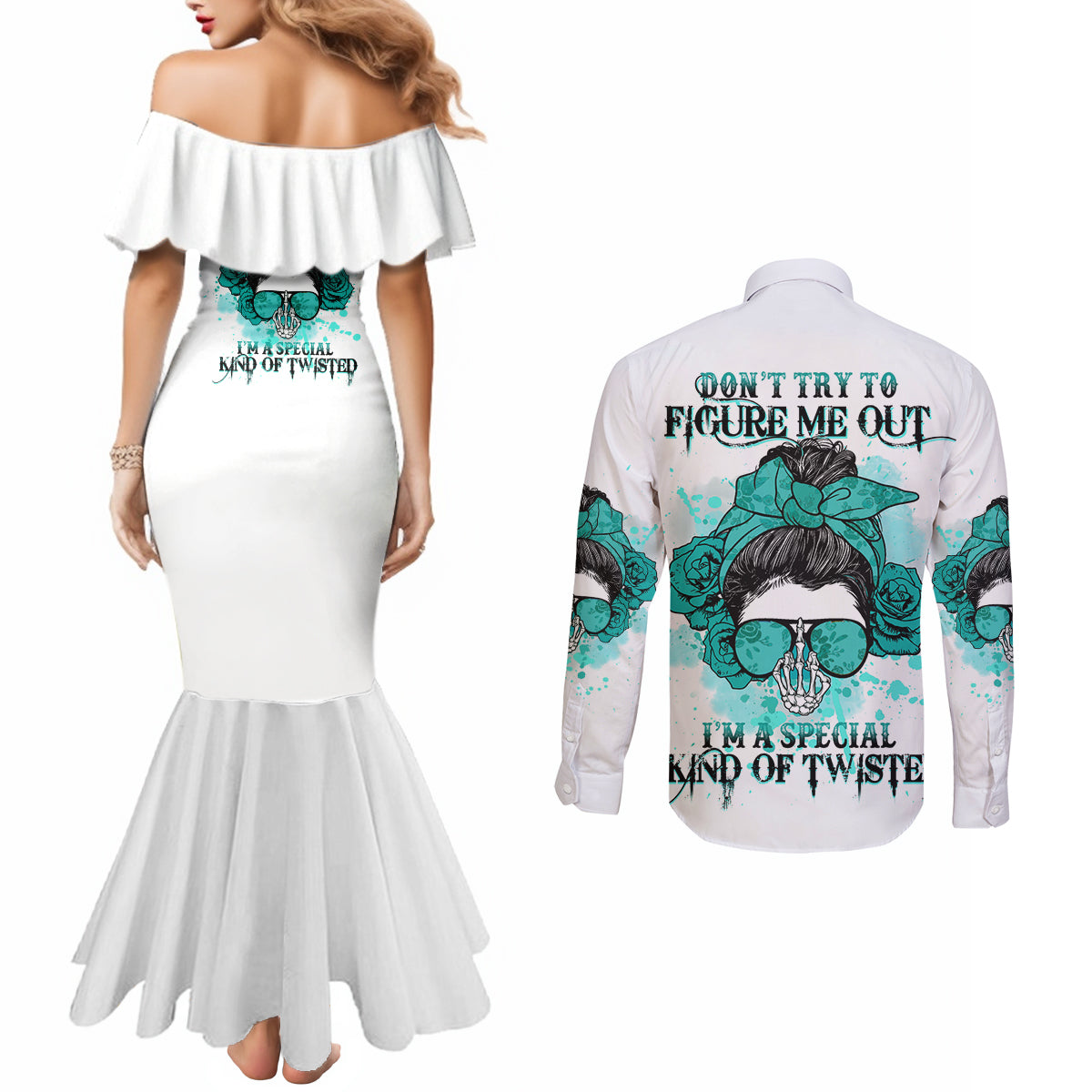 dont-try-to-figure-me-out-messy-bun-couples-matching-mermaid-dress-and-long-sleeve-button-shirt