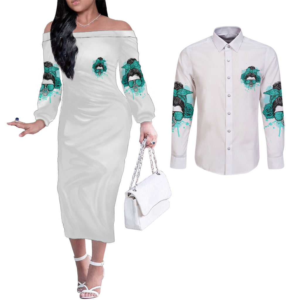 dont-try-to-figure-me-out-messy-bun-couples-matching-off-the-shoulder-long-sleeve-dress-and-long-sleeve-button-shirt