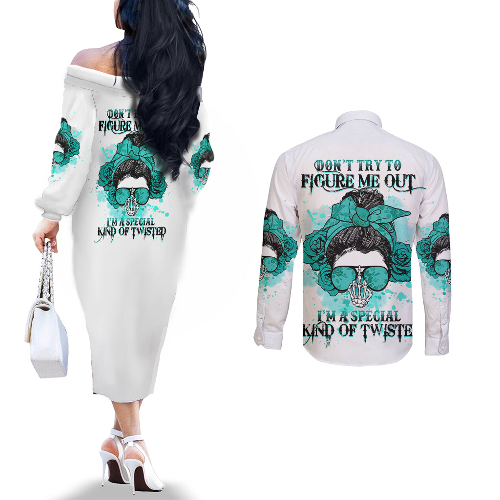 dont-try-to-figure-me-out-messy-bun-couples-matching-off-the-shoulder-long-sleeve-dress-and-long-sleeve-button-shirt