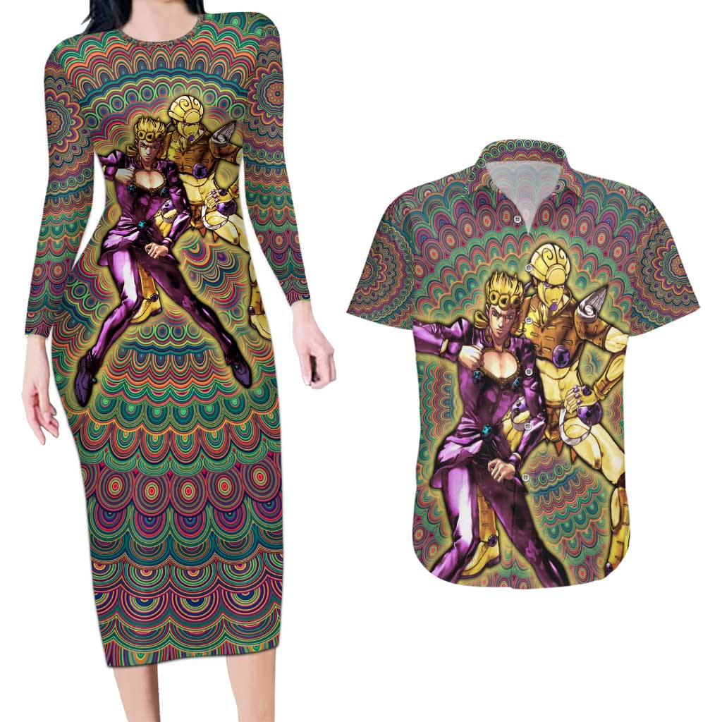 Trippy Giorno Giovanna Golden Wind Jojo’s Bizarre Adventure Couples Matching Long Sleeve Bodycon Dress and Hawaiian Shirt Trippy Mix Anime Style - The Mazicc