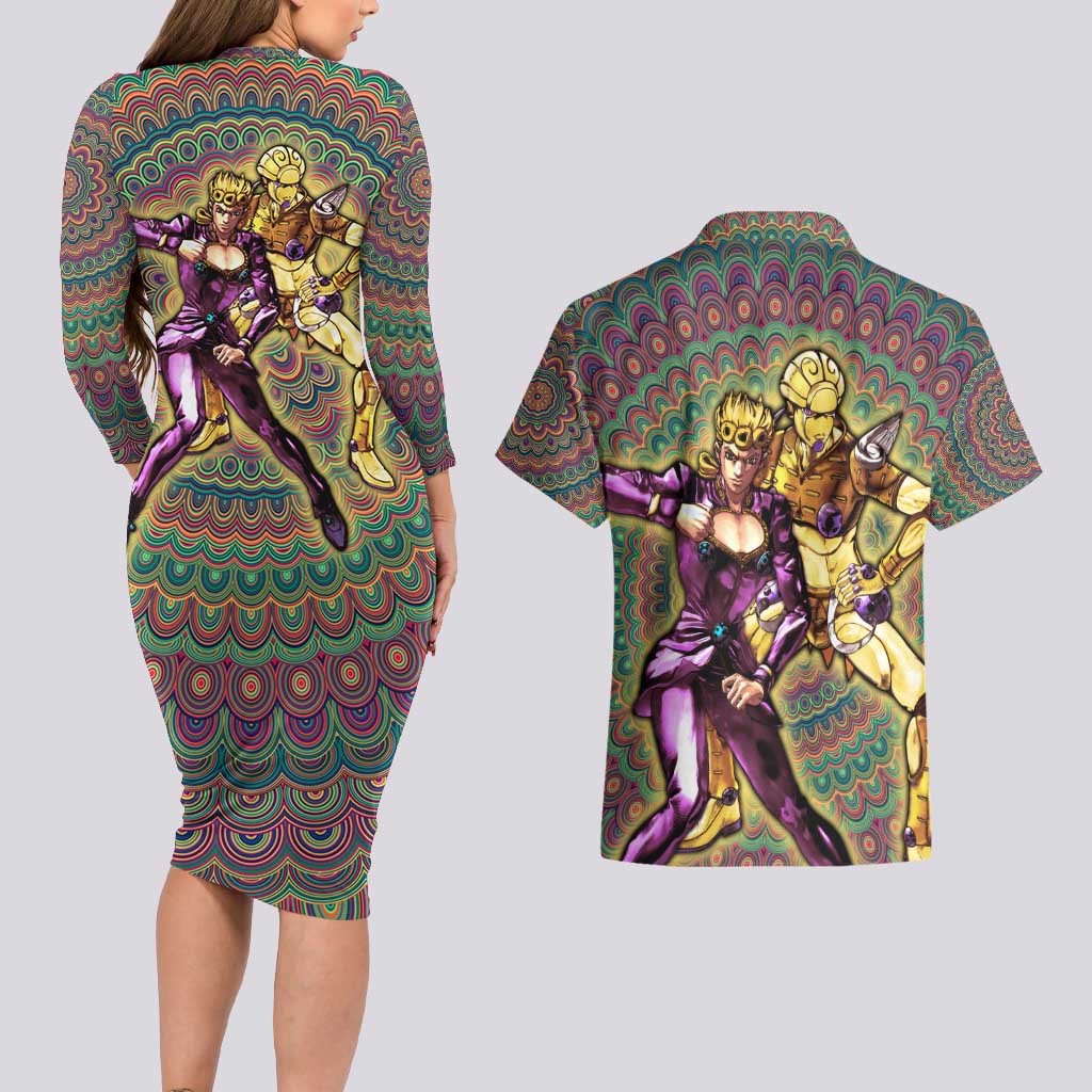 Trippy Giorno Giovanna Golden Wind Jojo’s Bizarre Adventure Couples Matching Long Sleeve Bodycon Dress and Hawaiian Shirt Trippy Mix Anime Style - The Mazicc