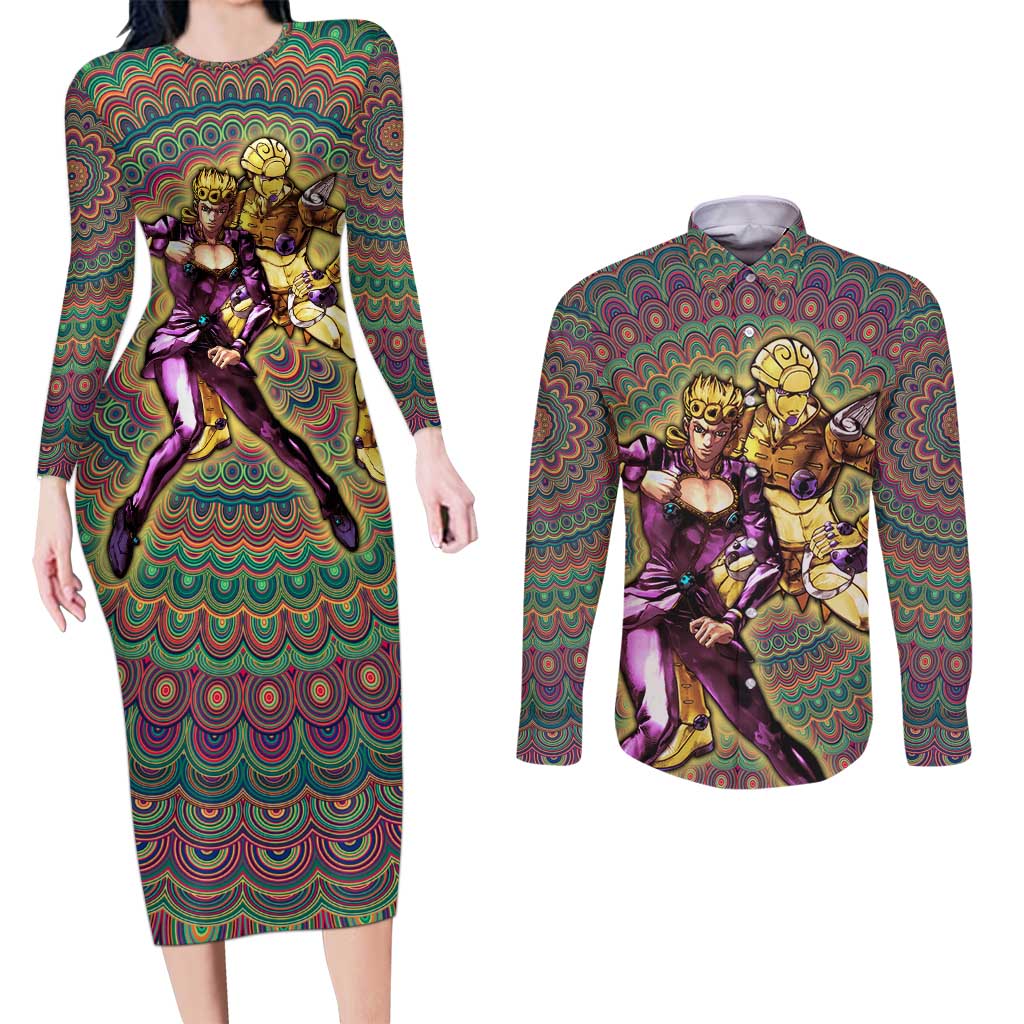 Trippy Giorno Giovanna Golden Wind Jojo’s Bizarre Adventure Couples Matching Long Sleeve Bodycon Dress and Long Sleeve Button Shirt Trippy Mix Anime Style - The Mazicc