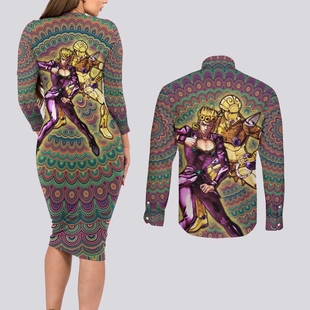 Trippy Giorno Giovanna Golden Wind Jojo’s Bizarre Adventure Couples Matching Long Sleeve Bodycon Dress and Long Sleeve Button Shirt Trippy Mix Anime Style - The Mazicc
