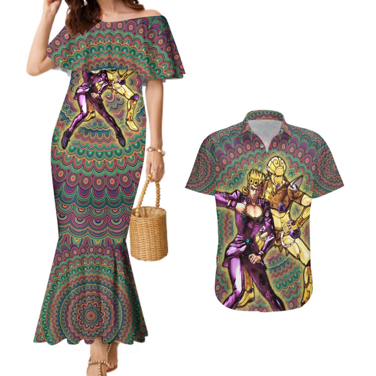 Trippy Giorno Giovanna Golden Wind Jojo’s Bizarre Adventure Couples Matching Mermaid Dress and Hawaiian Shirt Trippy Mix Anime Style - The Mazicc
