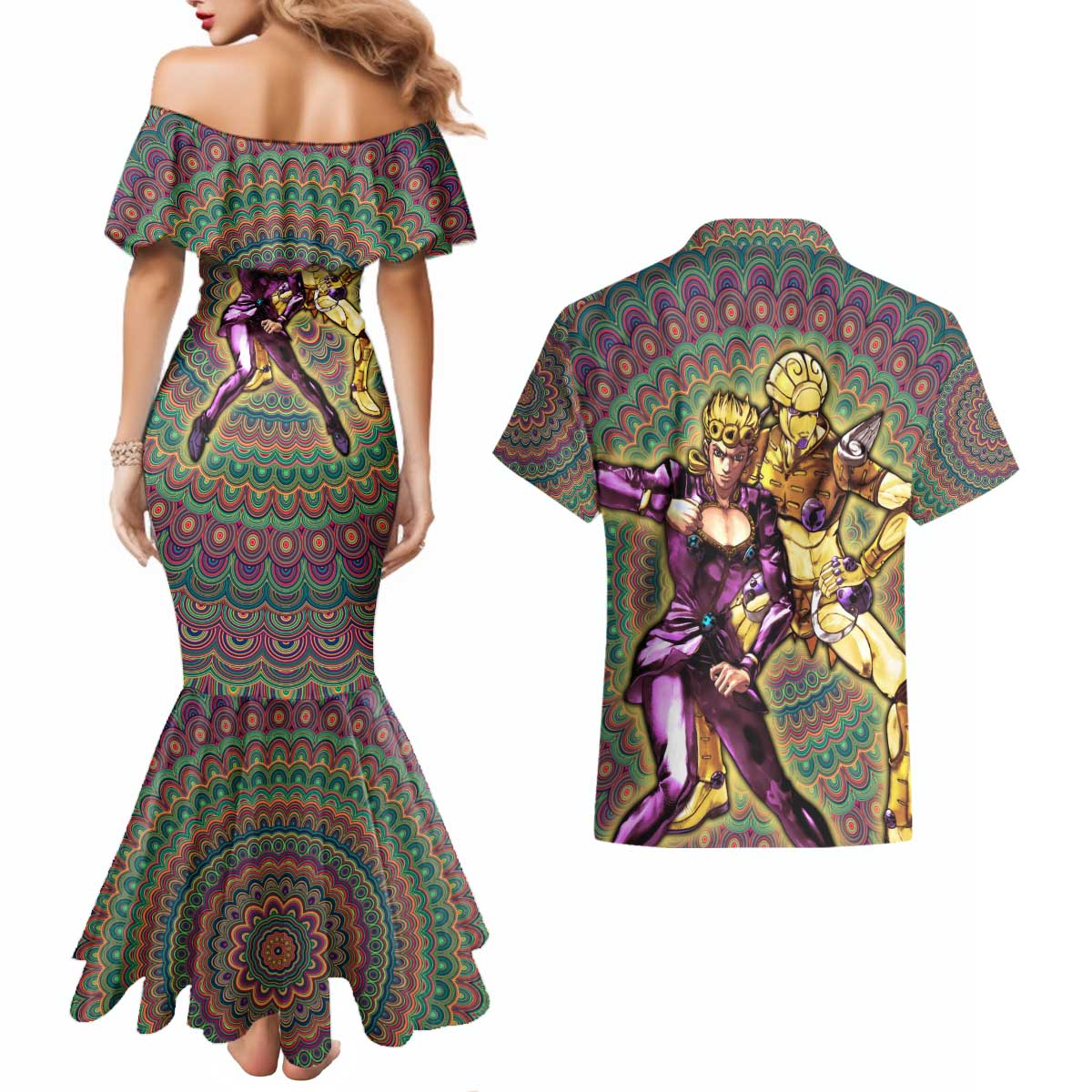Trippy Giorno Giovanna Golden Wind Jojo’s Bizarre Adventure Couples Matching Mermaid Dress and Hawaiian Shirt Trippy Mix Anime Style - The Mazicc